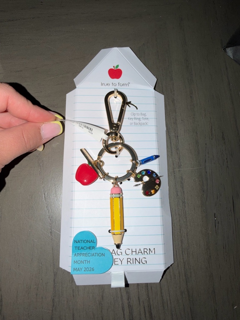 True to Form Gold School-Themed Charm Key Ring - Yellow Pencil & Red Apple